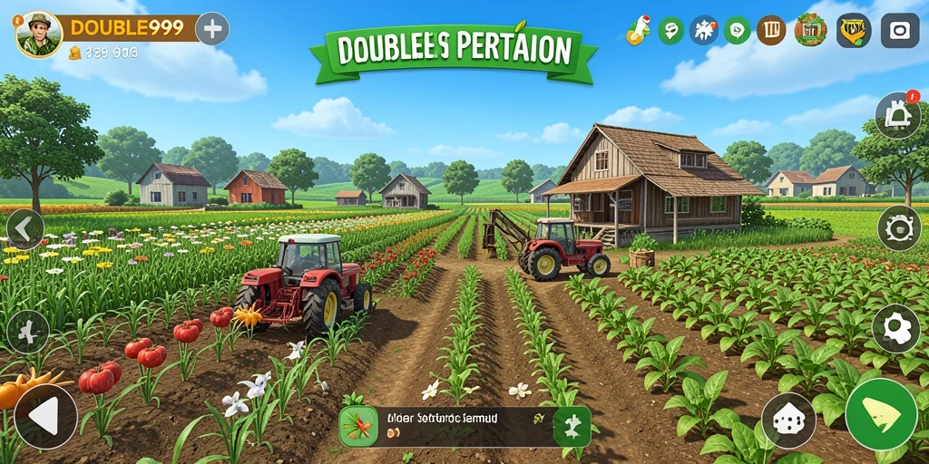 Screenshot dari DOUBLE999 menampilkan kebun subur yang penuh tanaman.